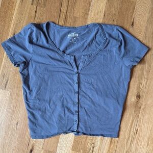 Hollister Slate Blue Short Sleeve Crop Button-Up
